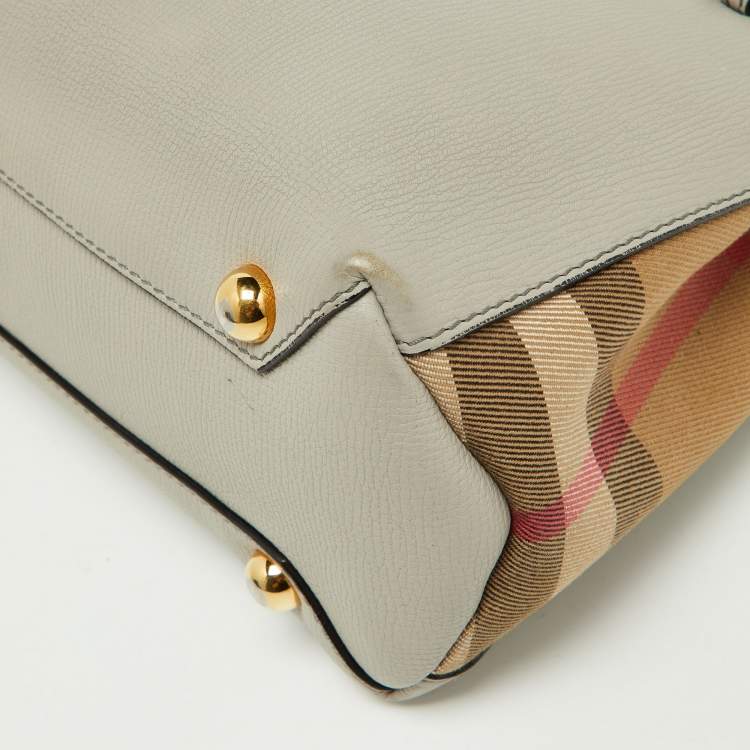 Pre Owned Burberry Grey/Beige Leather and House Check Fabric Small Banner Tote