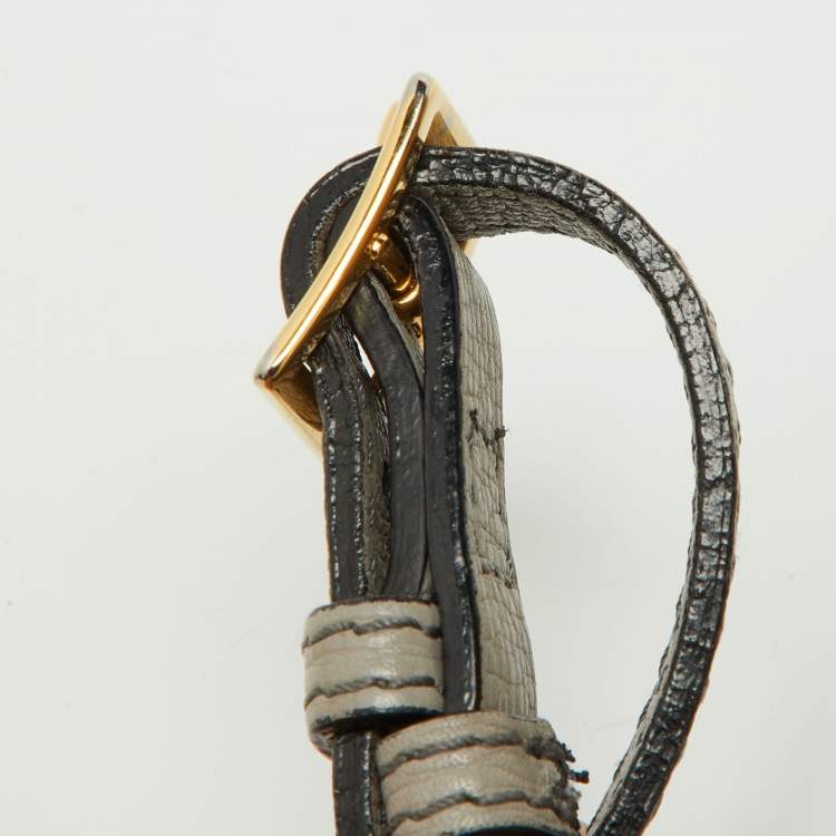 Pre Owned Burberry Grey/Beige Leather and House Check Fabric Small Banner Tote