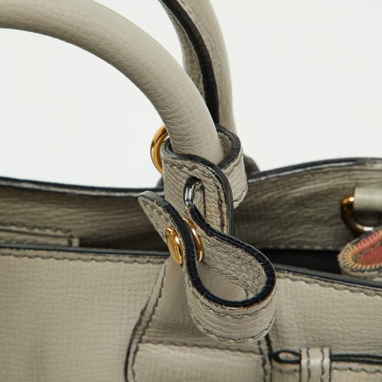 Pre Owned Burberry Grey/Beige Leather and House Check Fabric Small Banner Tote
