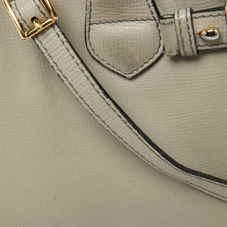 Pre Owned Burberry Grey/Beige Leather and House Check Fabric Small Banner Tote