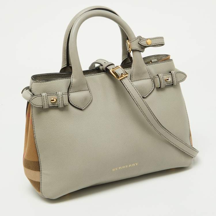 Pre Owned Burberry Grey/Beige Leather and House Check Fabric Small Banner Tote