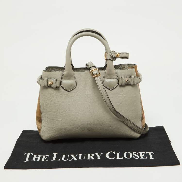 Pre Owned Burberry Grey/Beige Leather and House Check Fabric Small Banner Tote