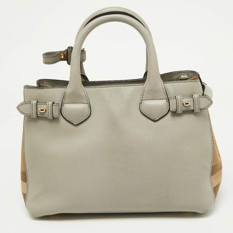 Pre Owned Burberry Grey/Beige Leather and House Check Fabric Small Banner Tote