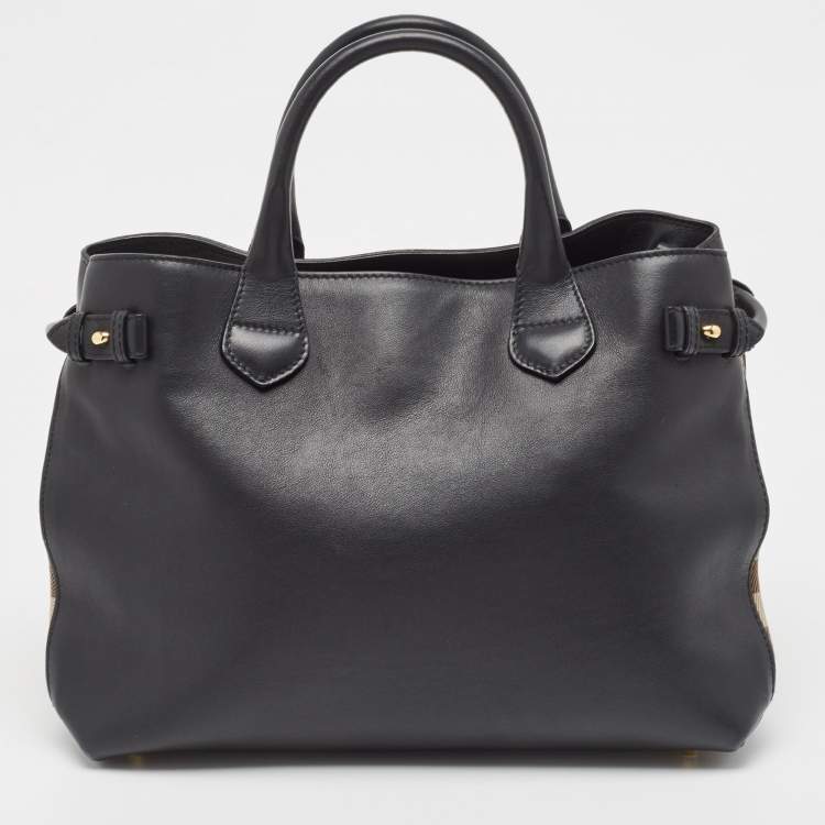 Pre Owned Burberry Black Leather and House Check Fabric Medium Banner Tote