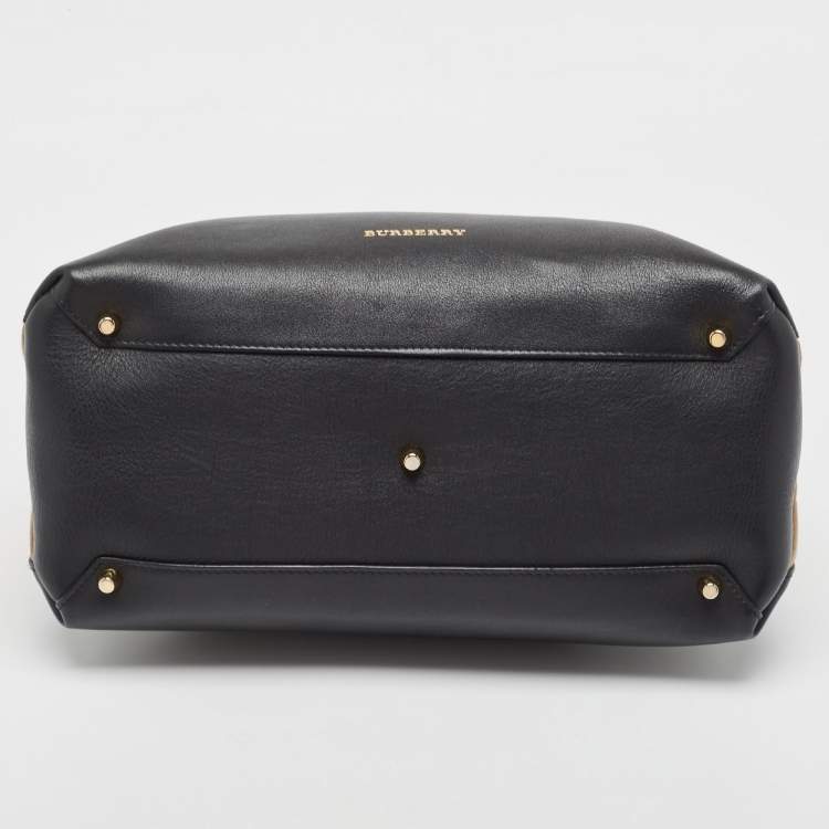 Pre Owned Burberry Black Leather and House Check Fabric Medium Banner Tote