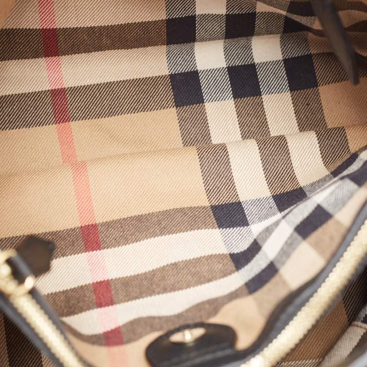 Pre Owned Burberry Black Leather and House Check Fabric Medium Banner Tote