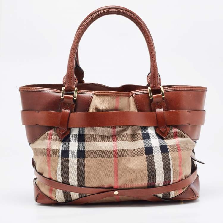 Pre Owned Burberry Brown House Check Fabric and Leather Medium Bridle Lynher Tote