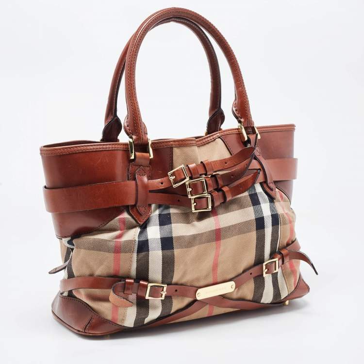 Pre Owned Burberry Brown House Check Fabric and Leather Medium Bridle Lynher Tote