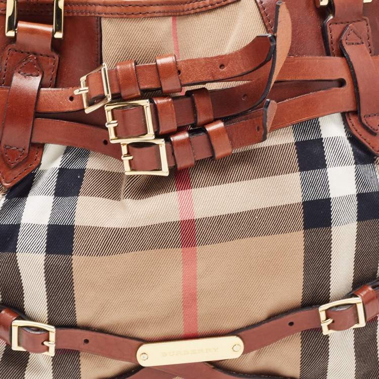 Pre Owned Burberry Brown House Check Fabric and Leather Medium Bridle Lynher Tote