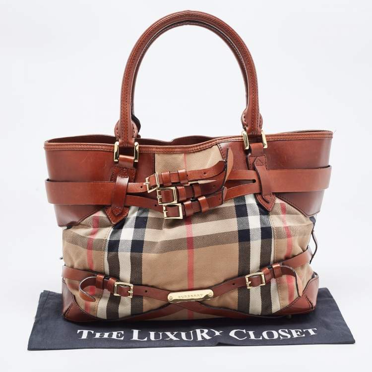Pre Owned Burberry Brown House Check Fabric and Leather Medium Bridle Lynher Tote