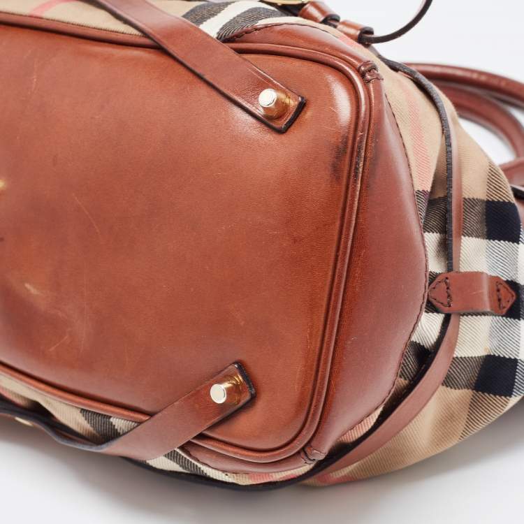 Pre Owned Burberry Brown House Check Fabric and Leather Medium Bridle Lynher Tote