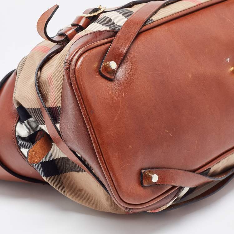Pre Owned Burberry Brown House Check Fabric and Leather Medium Bridle Lynher Tote