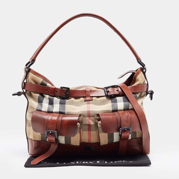 Pre Owned Burberry Brown/Beige House Check Canvas and Leather Front Pocket Buckle Hobo 