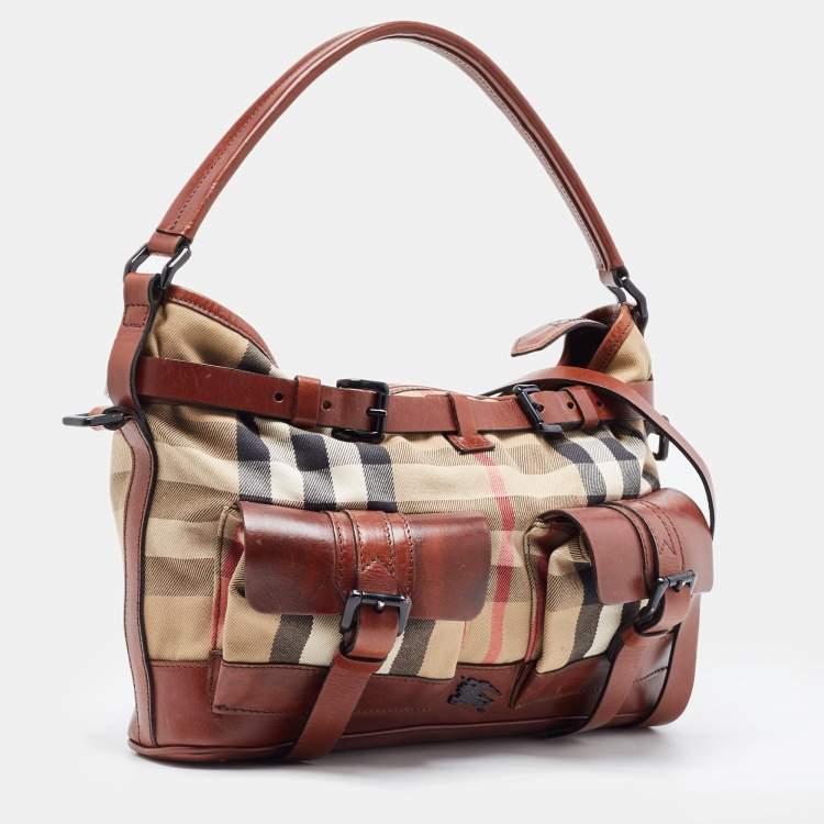 Pre Owned Burberry Brown/Beige House Check Canvas and Leather Front Pocket Buckle Hobo 