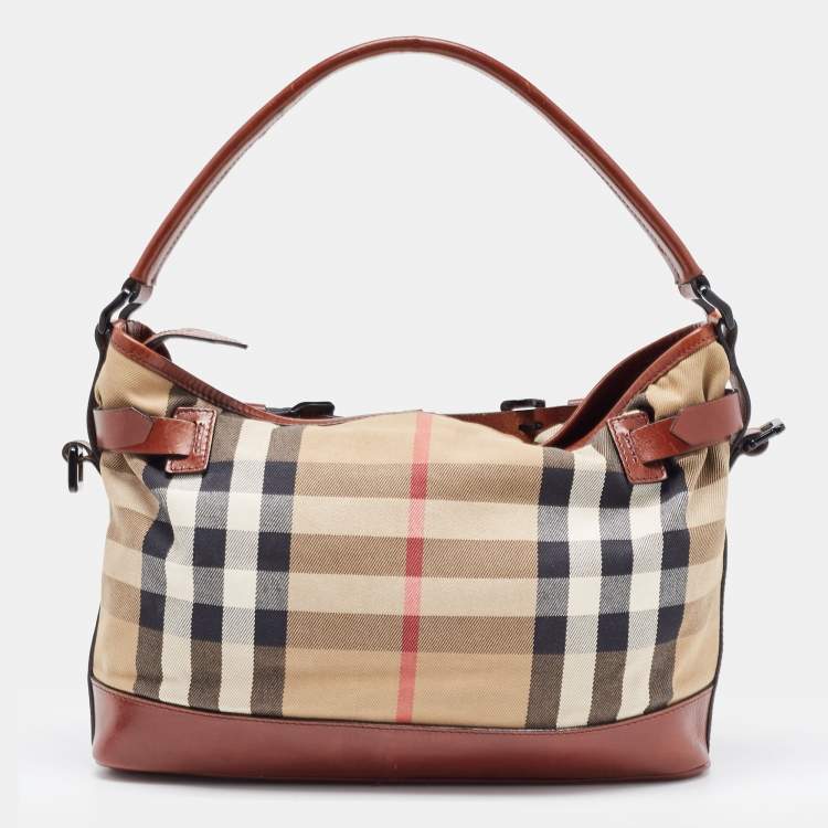 Pre Owned Burberry Brown/Beige House Check Canvas and Leather Front Pocket Buckle Hobo 