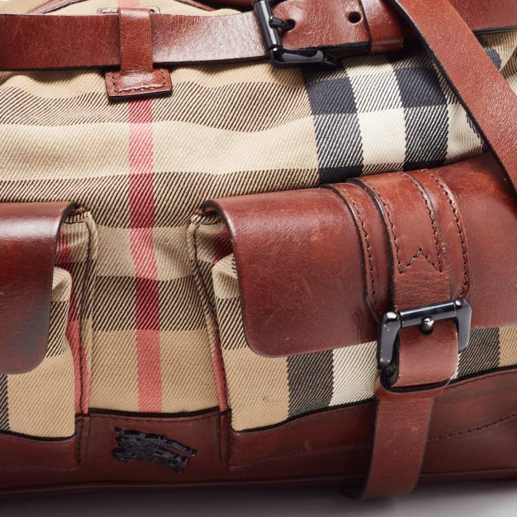 Pre Owned Burberry Brown/Beige House Check Canvas and Leather Front Pocket Buckle Hobo 