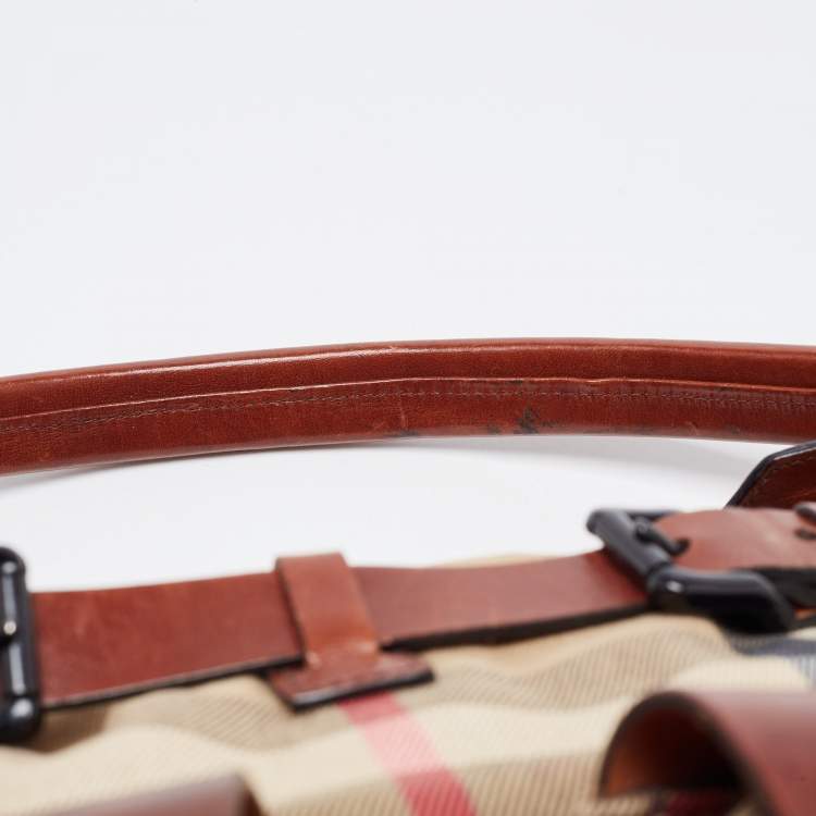Pre Owned Burberry Brown/Beige House Check Canvas and Leather Front Pocket Buckle Hobo 