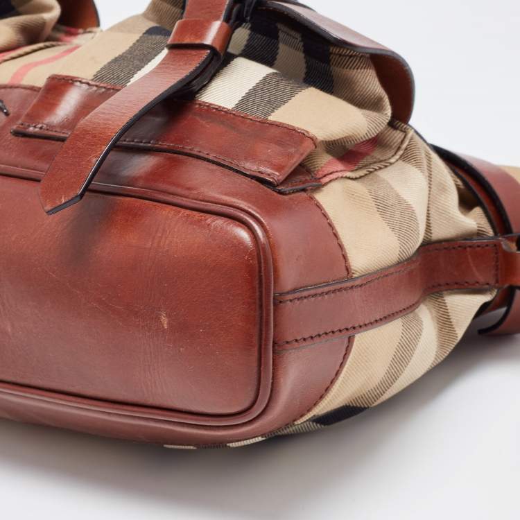 Pre Owned Burberry Brown/Beige House Check Canvas and Leather Front Pocket Buckle Hobo 