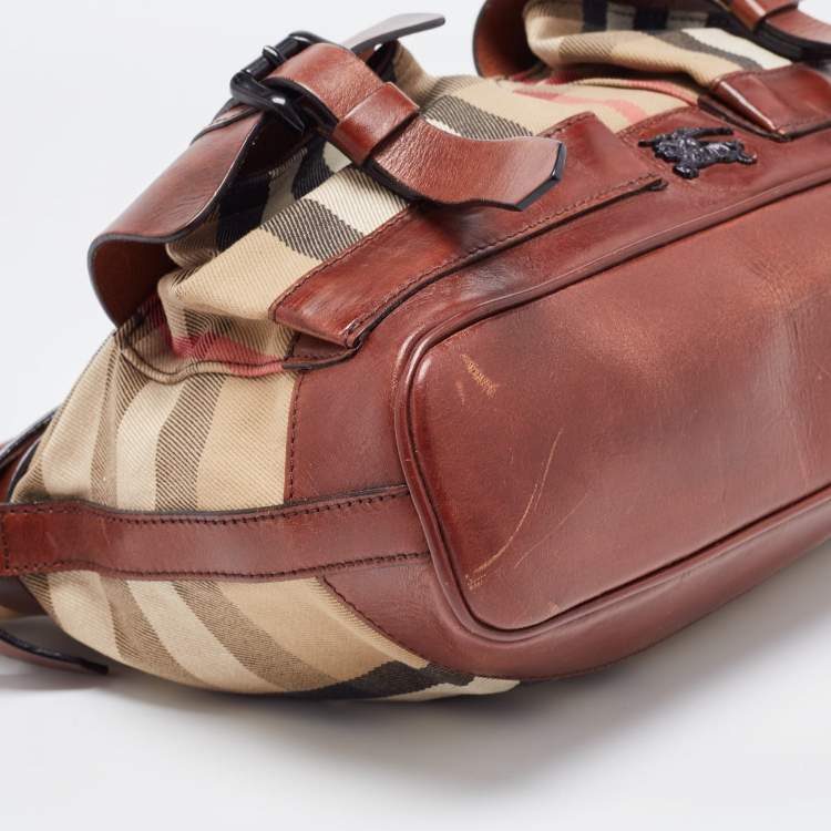 Pre Owned Burberry Brown/Beige House Check Canvas and Leather Front Pocket Buckle Hobo 