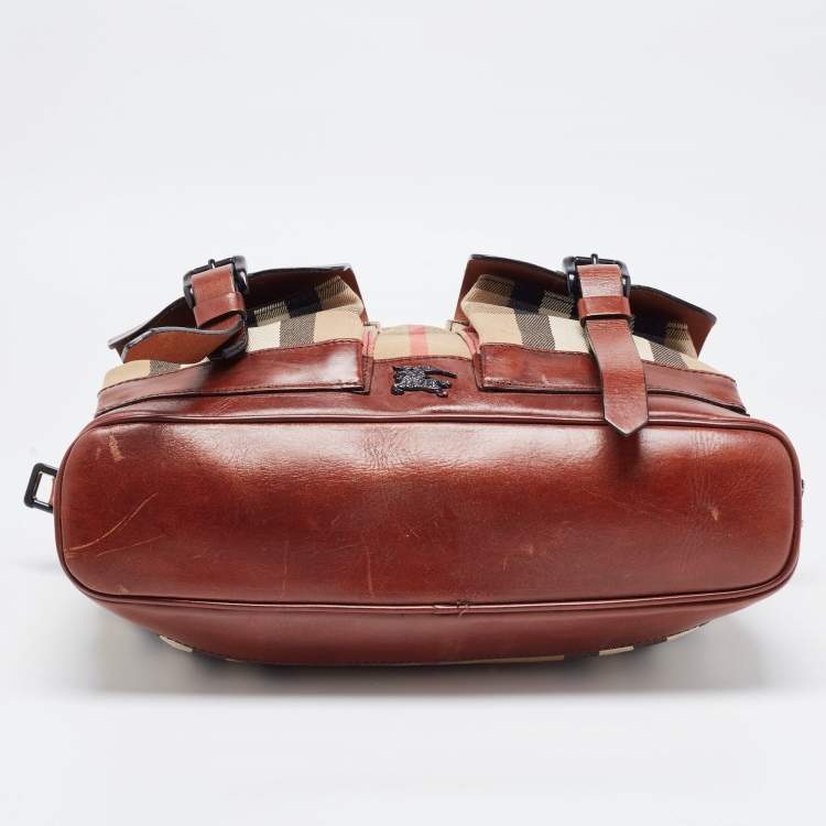 Pre Owned Burberry Brown/Beige House Check Canvas and Leather Front Pocket Buckle Hobo 