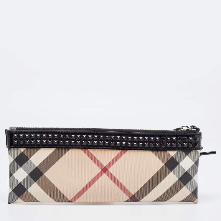 Pre Owned Burberry Beige/Black Nova Check PVC and Patent Leather Studded Wristlet Clutch