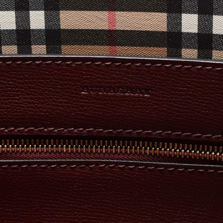 Pre Owned Burberry Burgundy Leather Large Embossed Crest Tote