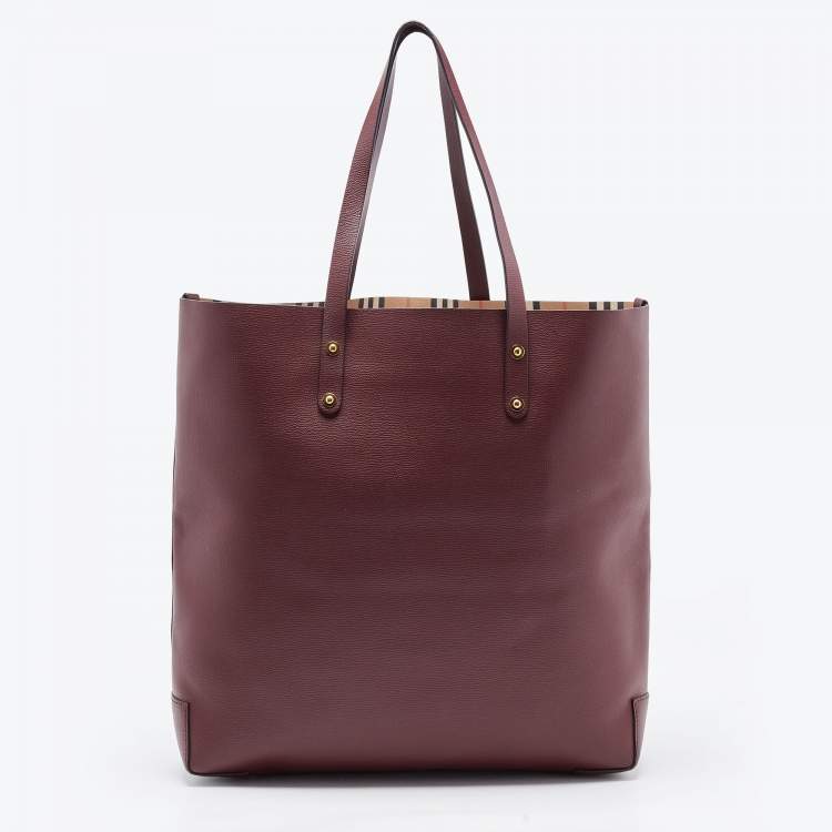 Pre Owned Burberry Burgundy Leather Large Embossed Crest Tote