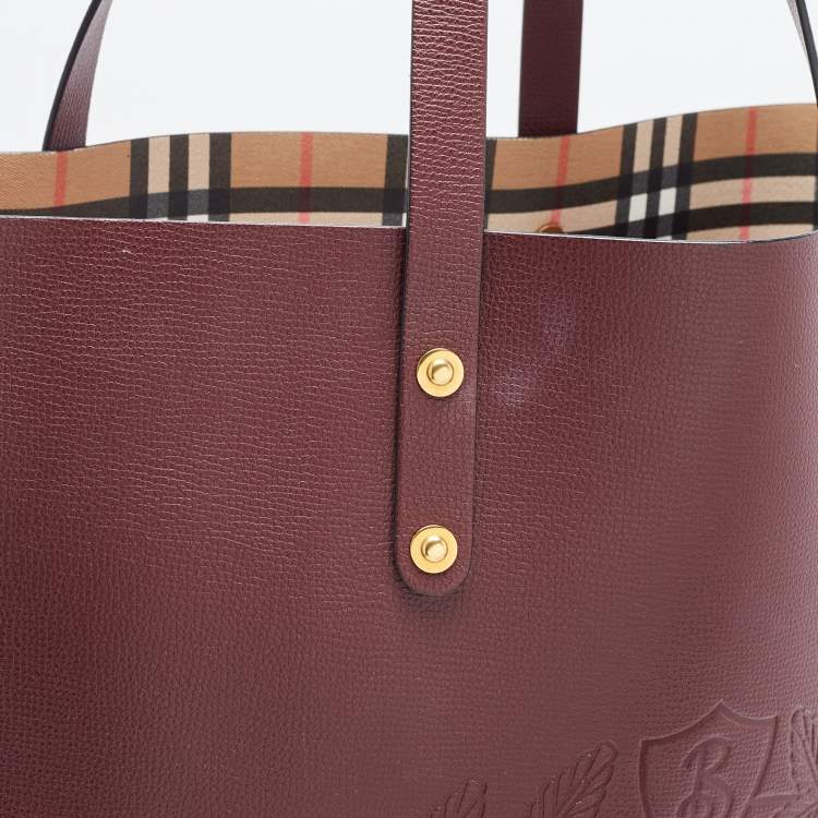 Pre Owned Burberry Burgundy Leather Large Embossed Crest Tote