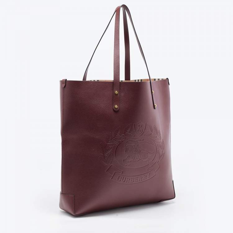Pre Owned Burberry Burgundy Leather Large Embossed Crest Tote