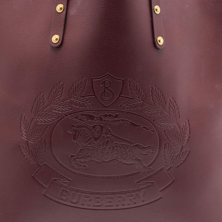 Pre Owned Burberry Burgundy Leather Large Embossed Crest Tote