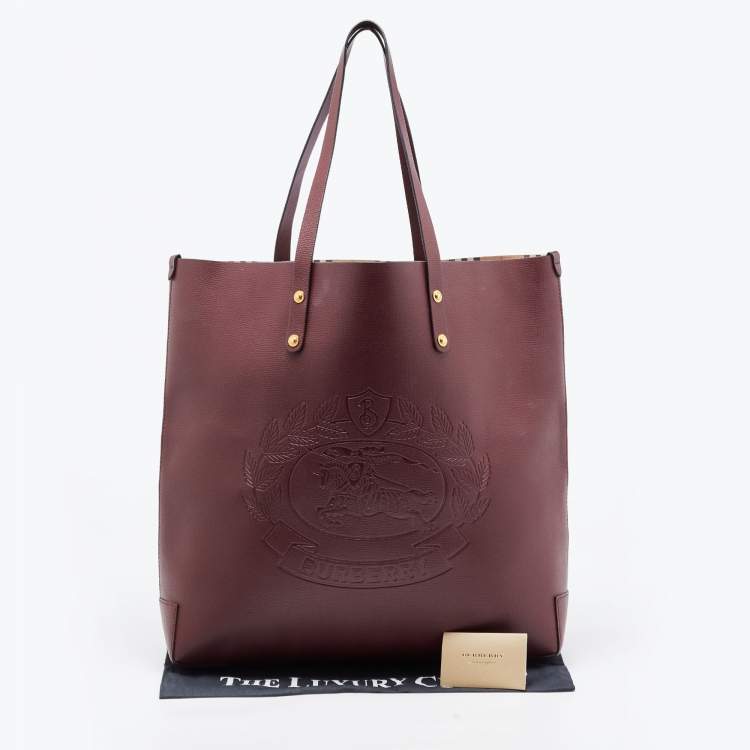 Pre Owned Burberry Burgundy Leather Large Embossed Crest Tote