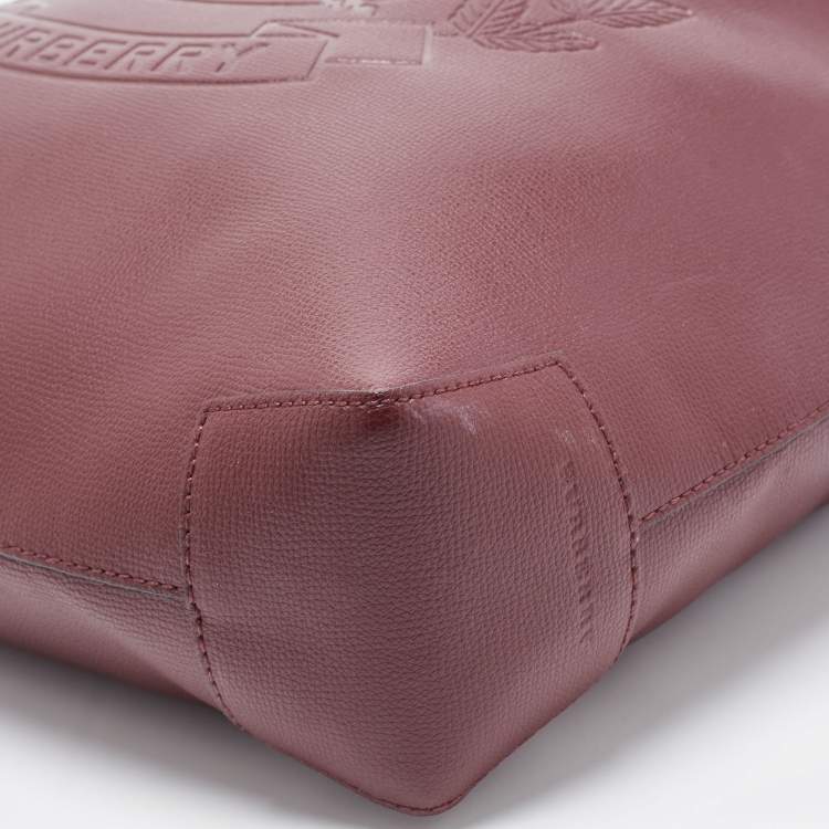 Pre Owned Burberry Burgundy Leather Large Embossed Crest Tote