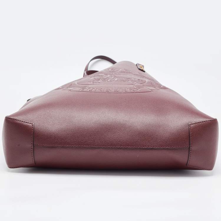 Pre Owned Burberry Burgundy Leather Large Embossed Crest Tote