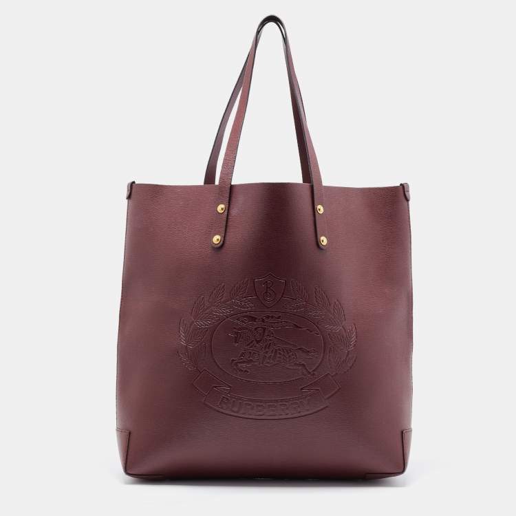 Pre Owned Burberry Burgundy Leather Large Embossed Crest Tote
