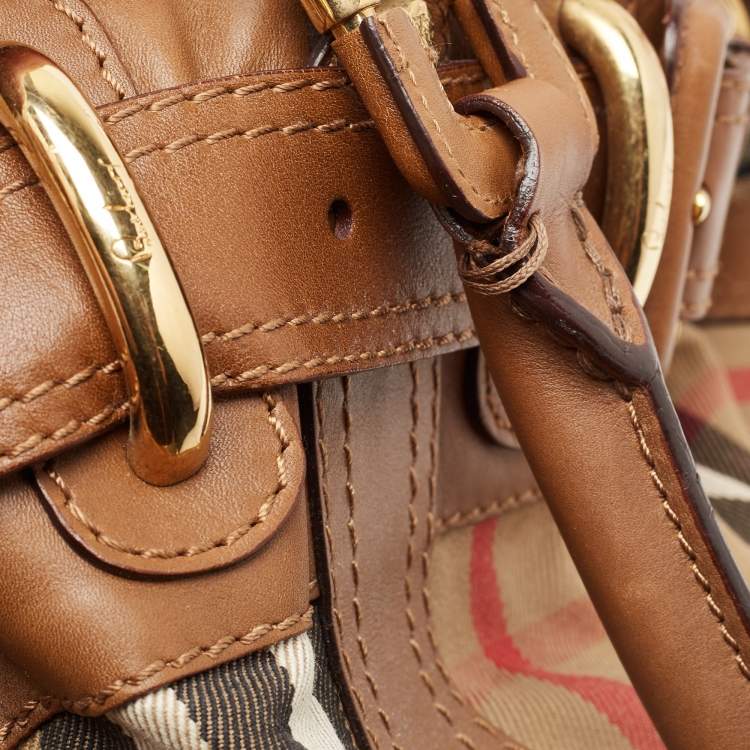 Pre Owned Burberry Brown/Beige House Check and Leather Beaton Bag