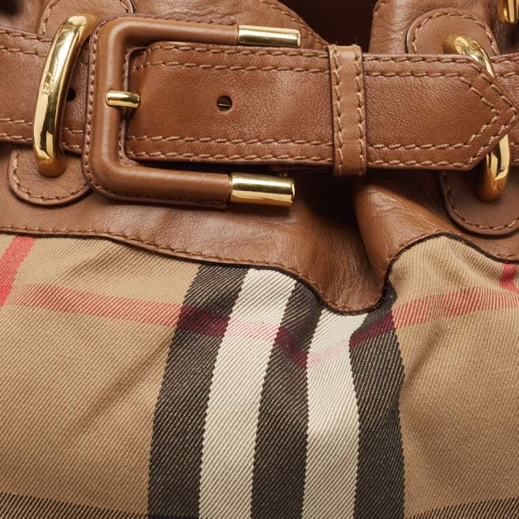 Pre Owned Burberry Brown/Beige House Check and Leather Beaton Bag