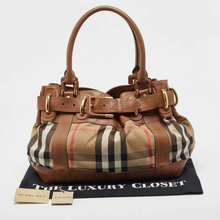 Pre Owned Burberry Brown/Beige House Check and Leather Beaton Bag