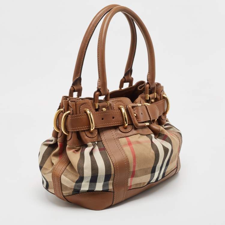 Pre Owned Burberry Brown/Beige House Check and Leather Beaton Bag
