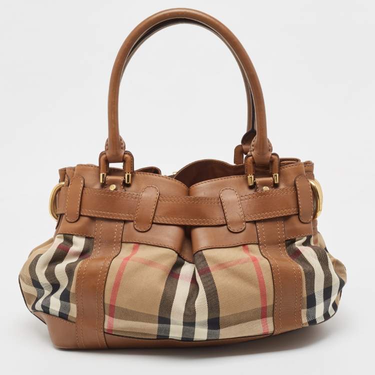 Pre Owned Burberry Brown/Beige House Check and Leather Beaton Bag