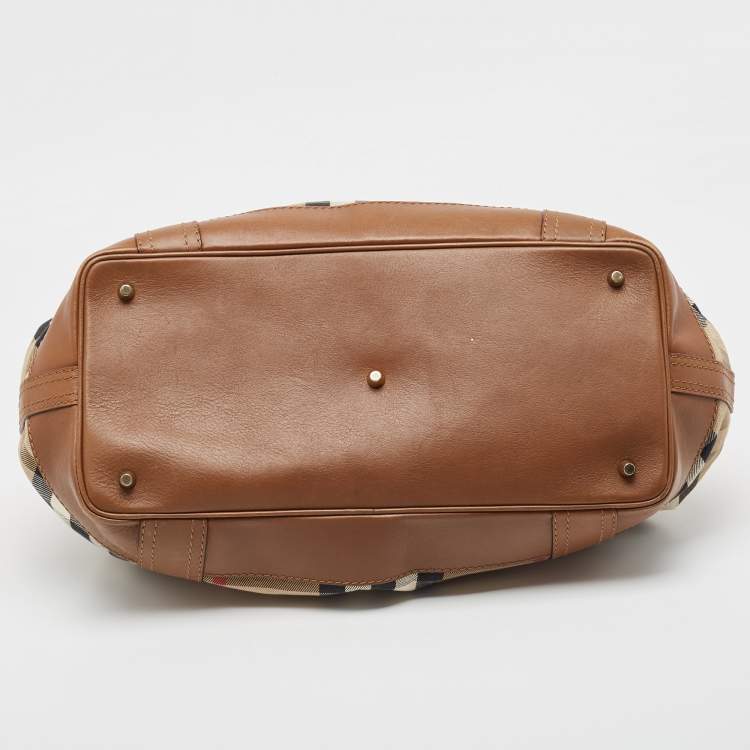 Pre Owned Burberry Brown/Beige House Check and Leather Beaton Bag