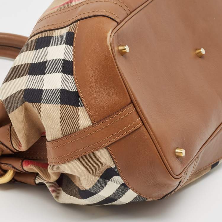 Pre Owned Burberry Brown/Beige House Check and Leather Beaton Bag