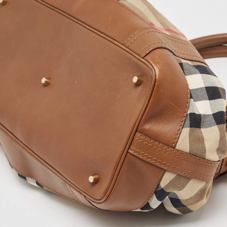 Pre Owned Burberry Brown/Beige House Check and Leather Beaton Bag