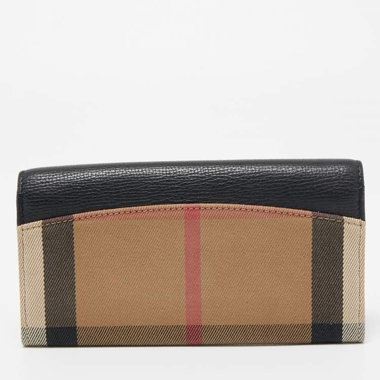 Pre Owned Burberry Black/Beige House Check Canvas and Leather Flap Continental Wallet