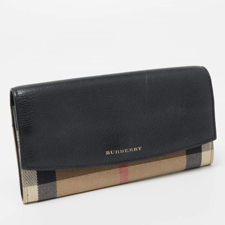 Pre Owned Burberry Black/Beige House Check Canvas and Leather Flap Continental Wallet