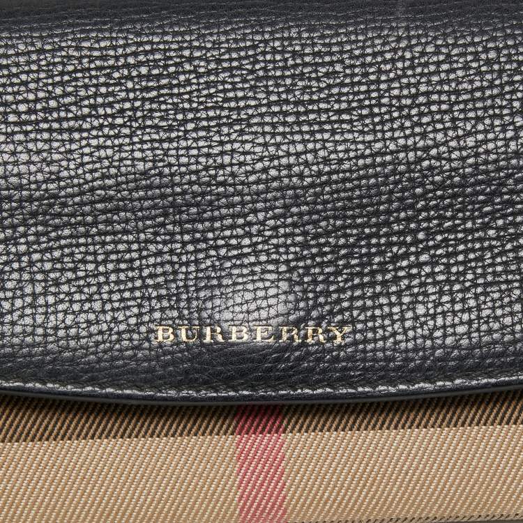 Pre Owned Burberry Black/Beige House Check Canvas and Leather Flap Continental Wallet