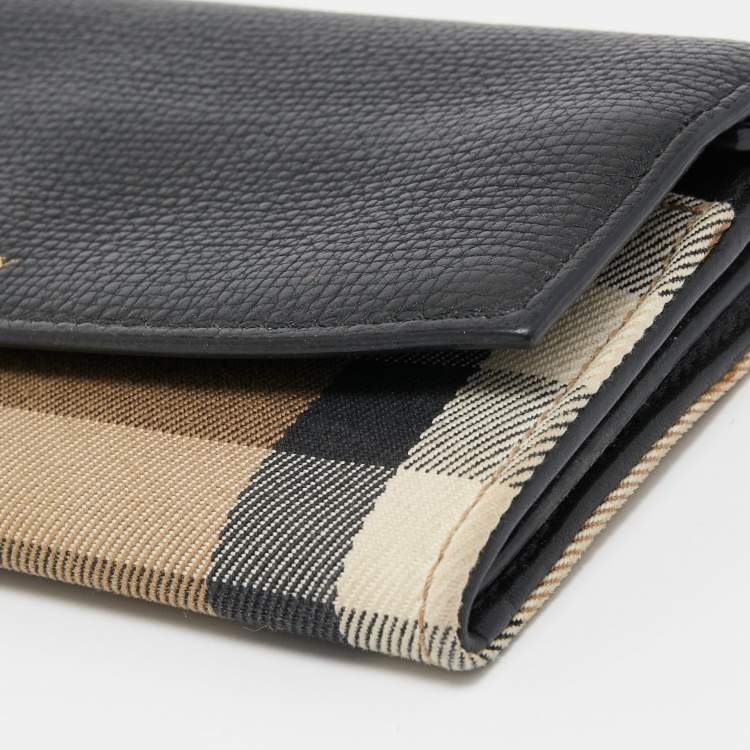 Pre Owned Burberry Black/Beige House Check Canvas and Leather Flap Continental Wallet
