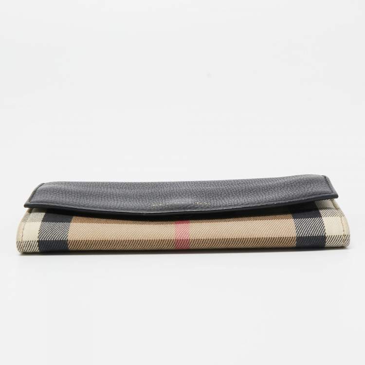 Pre Owned Burberry Black/Beige House Check Canvas and Leather Flap Continental Wallet