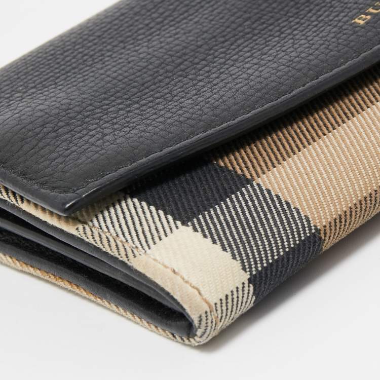 Pre Owned Burberry Black/Beige House Check Canvas and Leather Flap Continental Wallet