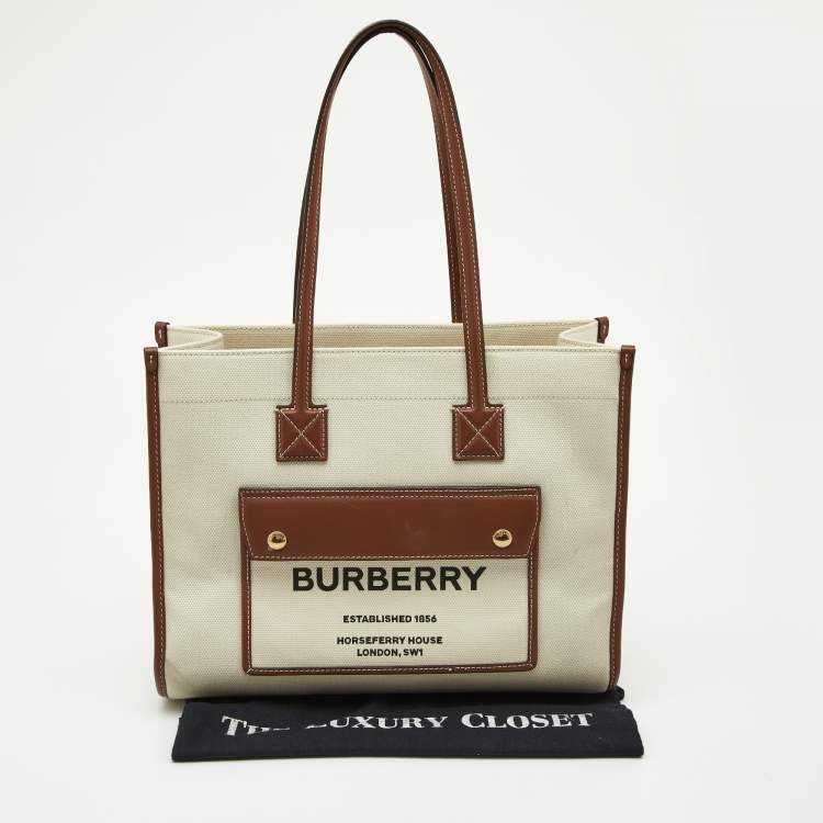 Pre Owned Burberry Beige/Tan Canvas and Leather Medium Freya Shopper Tote