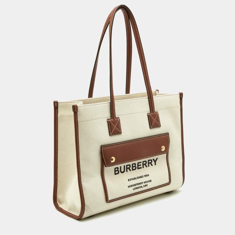 Pre Owned Burberry Beige/Tan Canvas and Leather Medium Freya Shopper Tote